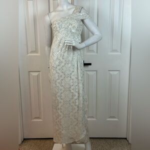 Nicole Miller Silk One Shoulder Dress Maxi 10 Long Foil Silver White Gown Size 2